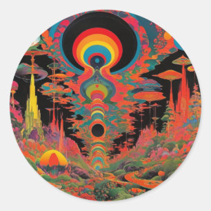 Adesivo Redondo Arte Retro Psicodélico Vintage dos Anos 60 Trippy