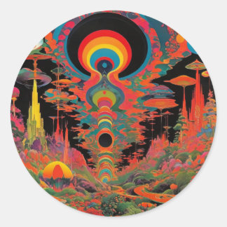 Adesivo Redondo Arte Retro Psicodélico Vintage dos Anos 60 Trippy