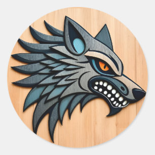 Adesivo Redondo Arte Tribal Estilizada de Lobo com Olhos Laranja