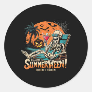Adesivo Redondo Arte Tropical de Halloween de Skeleton Beach