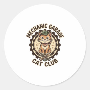 Adesivo Redondo Arte Vetorial de Gato de Oficina Mecânica - Oficin