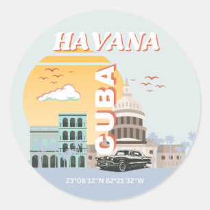 Adesivo Redondo Arte Viagens vintage em Cuba Havana