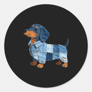 Adesivo Redondo Arte Vintage de Cachorro Dachshund em Denim com Re