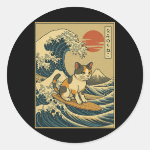Adesivo Redondo Arte Vintage Onda do Pôr do Sol do Monte Fuji Japo
