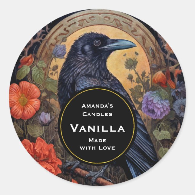 Adesivo Redondo Artesanato de Vela Gótica Preta Raven Escura (Frente)