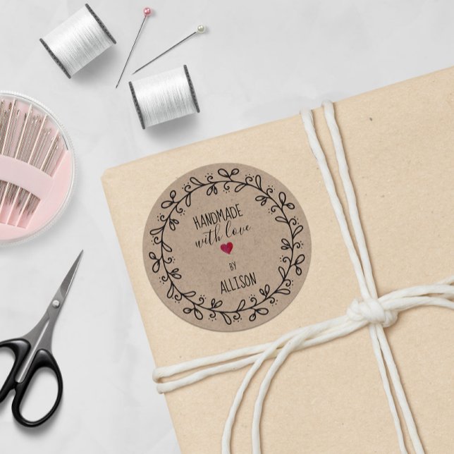Adesivo Redondo Artesanato Personalizado Faux Kraft Feito Com Amor (Criador carregado)