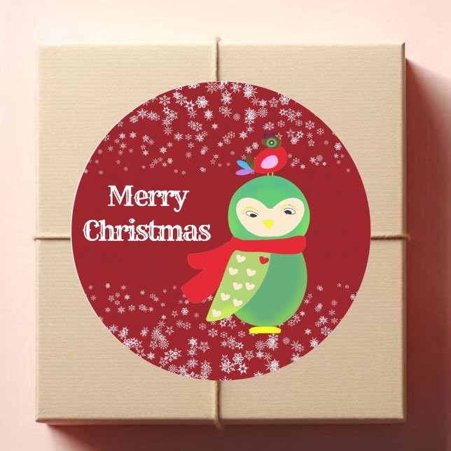 Adesivo Redondo Artesanatos da Festa Verde de Natal Feliz do Miúdo (Kid's Red Merry Christmas Green Owl Party Crafts Classic Round Sticker)