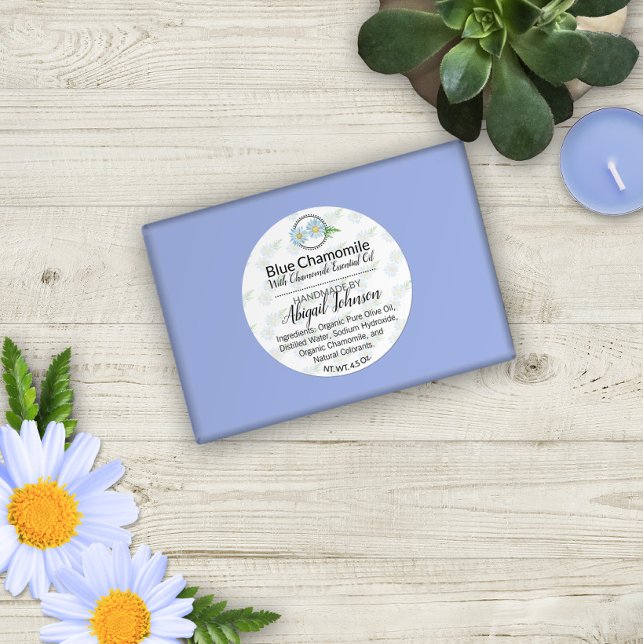 Adesivo Redondo Artisan Soap Blue Chamomile Label 🧼 (Criador carregado)