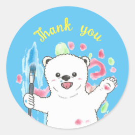 Adesivo Redondo Artista do urso polar bonito Obrigado Blue Sticker