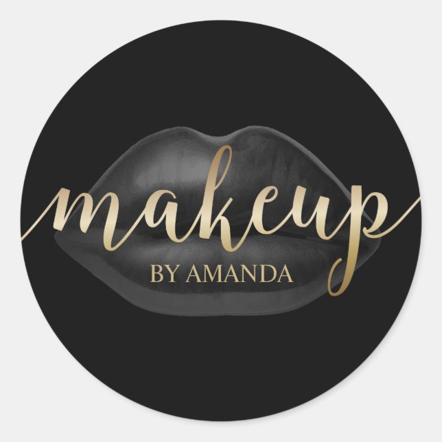 Adesivo Redondo Artista Negro Lábios Dourado Script Beauty Salon (Frente)