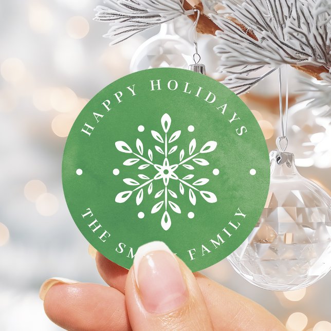 Adesivo Redondo Artística Aquarela Floco de Neve verde Natal (Artistic Watercolor Snowflake green Christmas Classic Round Sticker)