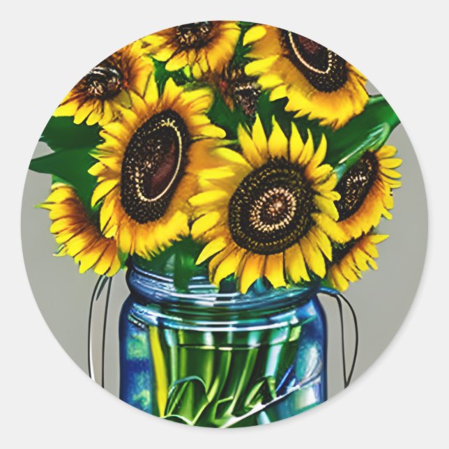 Adesivo Redondo Artsy Sunflower em Glass Jar Art (Frente)