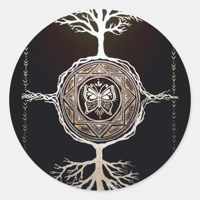 Adesivo Redondo Árvore borboleta Mandala (Frente)