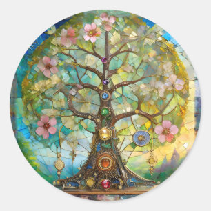 Adesivo Redondo Árvore Da Vida Em Flor Dos 7 Chakras
