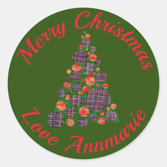 Adesivo Redondo Árvore de Abstrato Verde Vermelho Feliz de Natal (Frente)