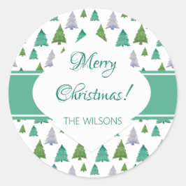 Adesivo Redondo Árvore de Aquarela Verde da Casa de Natal Merry