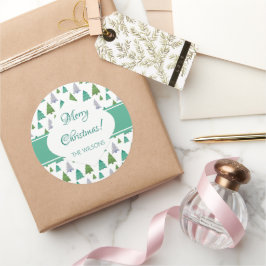 Adesivo Redondo Árvore de Aquarela Verde da Casa de Natal Merry