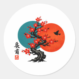 Adesivo Redondo Árvore de Flor de Ameixa Zen Arte em Tinta Japones