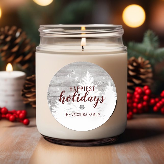 Adesivo Redondo Árvore de Madeira de Natal Rustic Holiday Burgundy (Rustic Holiday Christmas Wood Tree Burgundy Classic Round Sticker)