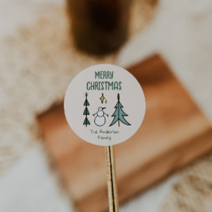Adesivo Redondo Árvore de Natal Abstrata Verde Desenhada à Mão Bon