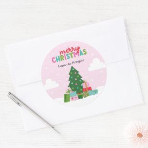 Adesivo Redondo Árvore de Natal Alegre com Presentes em Rosa Paste