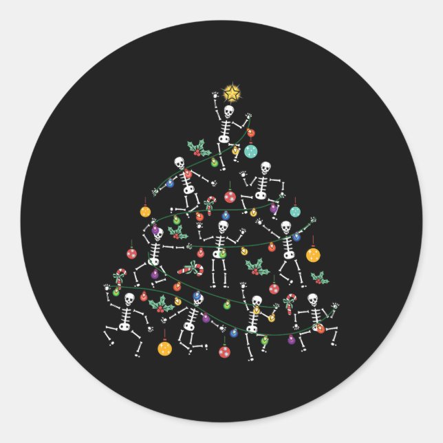 Adesivo Redondo Árvore de Natal Alegre Esqueleto Dançante Funny Ha (Frente)