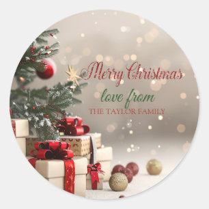 Adesivo Redondo Árvore de Natal Apresenta Bokeh Feliz Natal