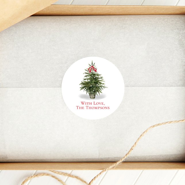 Adesivo Redondo Árvore de Natal Aquarela Simples Personalizada (Simple and elegant Christmas tree gift sticker. )