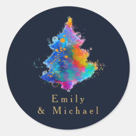 Adesivo Redondo Árvore de Natal Arco-Íris Moderna Azul Marinho Per