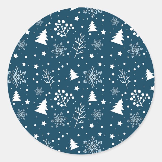 Adesivo Redondo Árvore de Natal Azul e Branco, Estrelas - Biscoito (Frente)