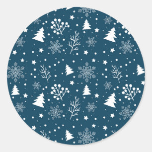 Adesivo Redondo Árvore de Natal Azul e Branco, Estrelas - Biscoito