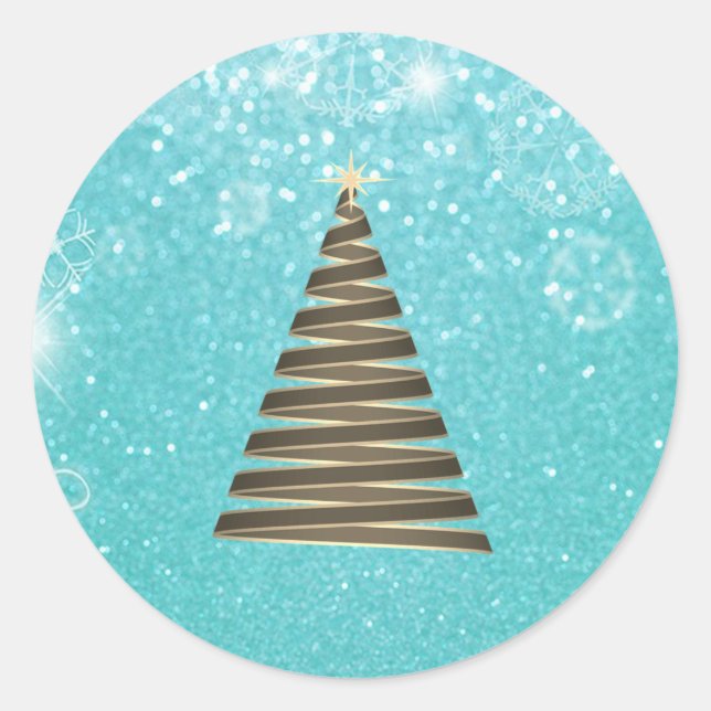 Adesivo Redondo Árvore de Natal Azul Elegante (Frente)