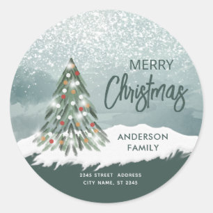 Adesivo Redondo Árvore de Natal brilho aquarela inverno 