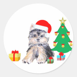 Adesivo Redondo Árvore de Natal, cachorro Yorkshire e presentes