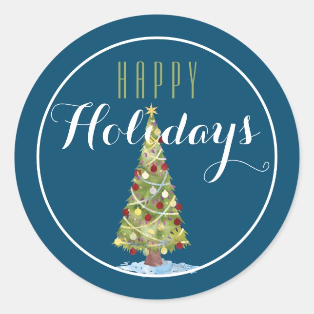 Adesivo Redondo Árvore de Natal com decorações Feliz Feriado/Azul (Frente)
