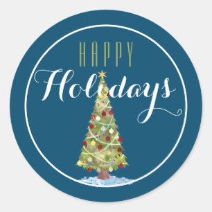 Adesivo Redondo Árvore de Natal com decorações Feliz Feriado/Azul