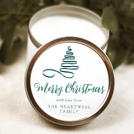 Adesivo Redondo Árvore de Natal com Fita Azul Script Feliz Natal