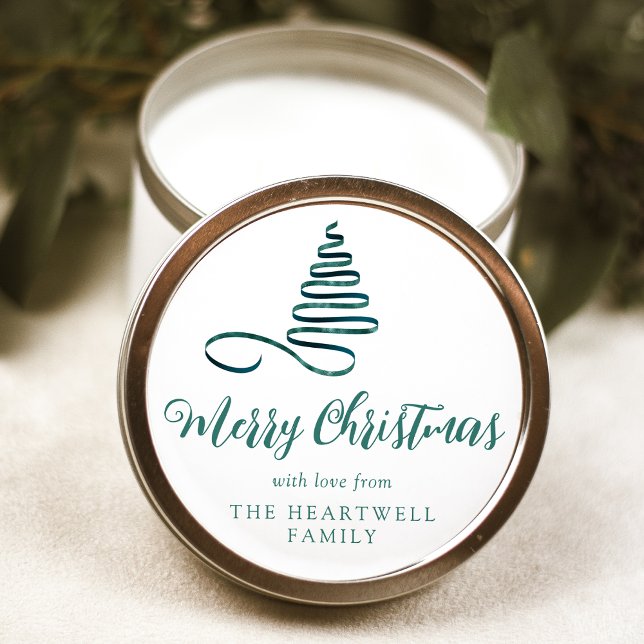 Adesivo Redondo Árvore de Natal com Fita Azul Script Feliz Natal (Criador carregado)