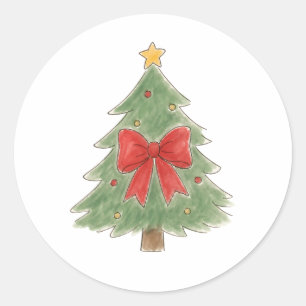 Adesivo Redondo Árvore de Natal com Laço Vermelho e Enfeites Doura