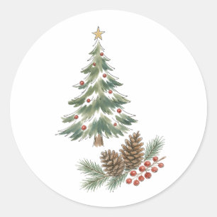 Adesivo Redondo Árvore de Natal com Pinhas e Frutas Vermelhas