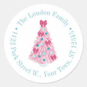 Adesivo Redondo Árvore de Natal Cor-de-Rosa Negrito com Endereço d