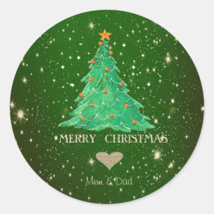 Adesivo Redondo Árvore de Natal, Coração Dourado Verde