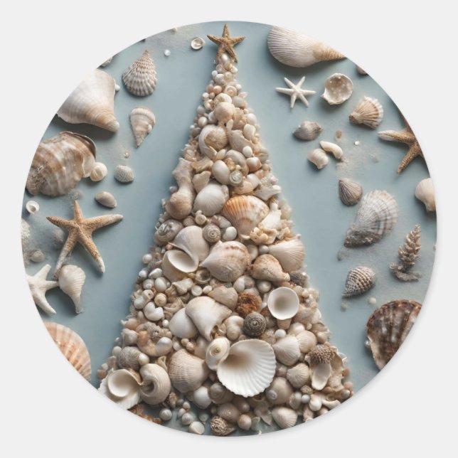 Adesivo Redondo Árvore de Natal Costeira de Seashell (Frente)