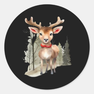 Adesivo Redondo Árvore de Natal da Árvore Woodland Deer Watercolor