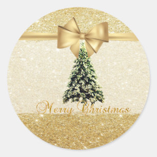 Adesivo Redondo Árvore de Natal da Moda, Laço Falso Dourado, Brilh