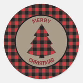 Adesivo Redondo Árvore de Natal da Xadrez de Buffalo Vermelha