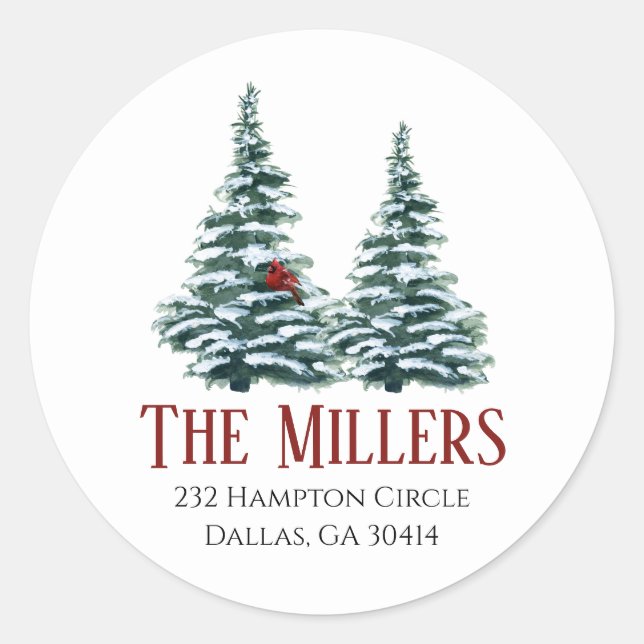 Adesivo Redondo Árvore de Natal de Aquarela com Cardinal (Frente)