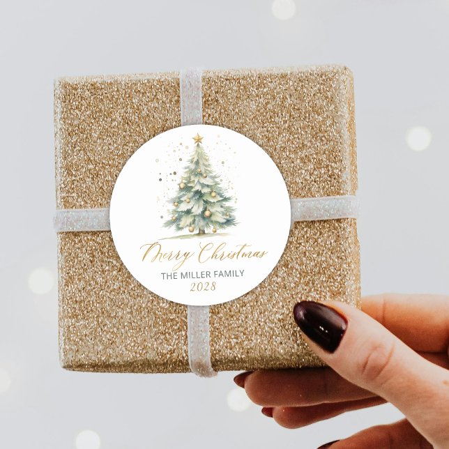 Adesivo Redondo Árvore de Natal de Aquarela Dourada Moderna (Criador carregado)