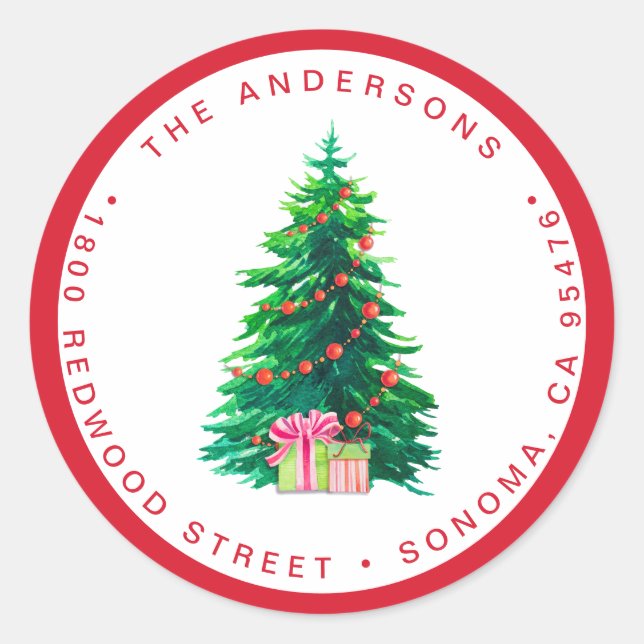 Adesivo Redondo Árvore de Natal de Aquarela | Endereço para devolu (Frente)