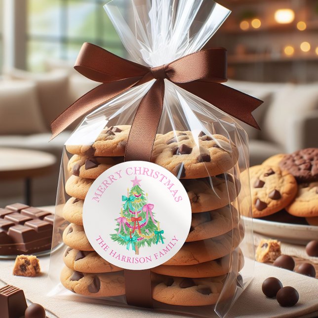 Adesivo Redondo Árvore de Natal de Arcos de Coquetes de Aquarela (Criador carregado)